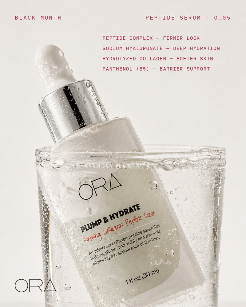 Plump & Hydrate: peptides, sodium hyaluronate, hydrolyzed collagen and panthenol, in a lightweight serum for morning and night.