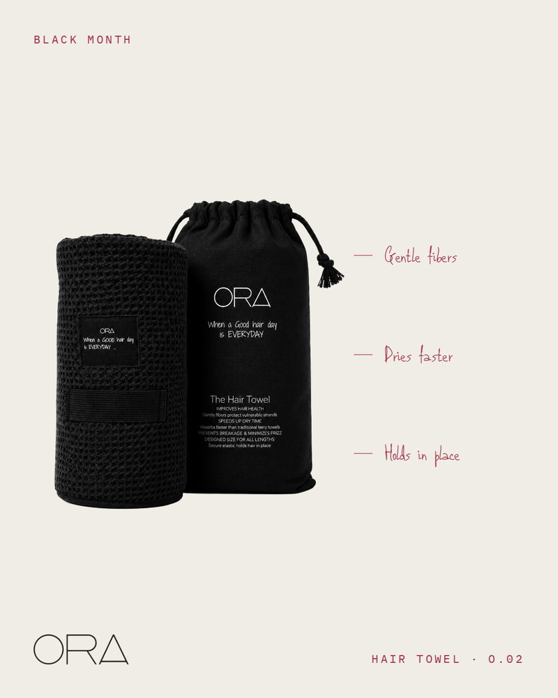 The step after the Softener. Wrap your hair, secure the elastic, and let the towel take the water with less friction.