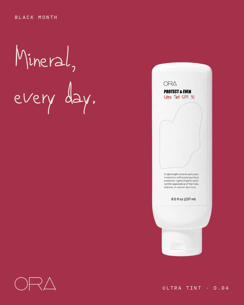 Ultra Tint SPF 30 on crimson: zinc oxide and titanium dioxide, with a light tint that evens the look of skin.