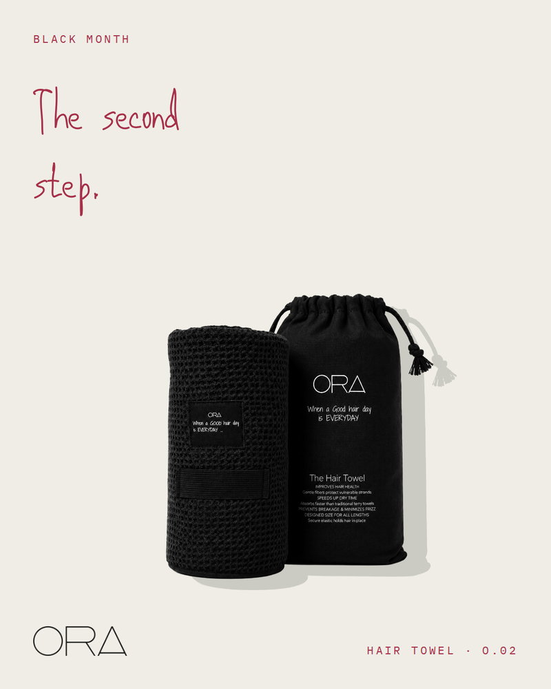 The Hair Towel, the second step after the Softener: gentle fibers that absorb faster than terry, and an elastic that holds it in place.
