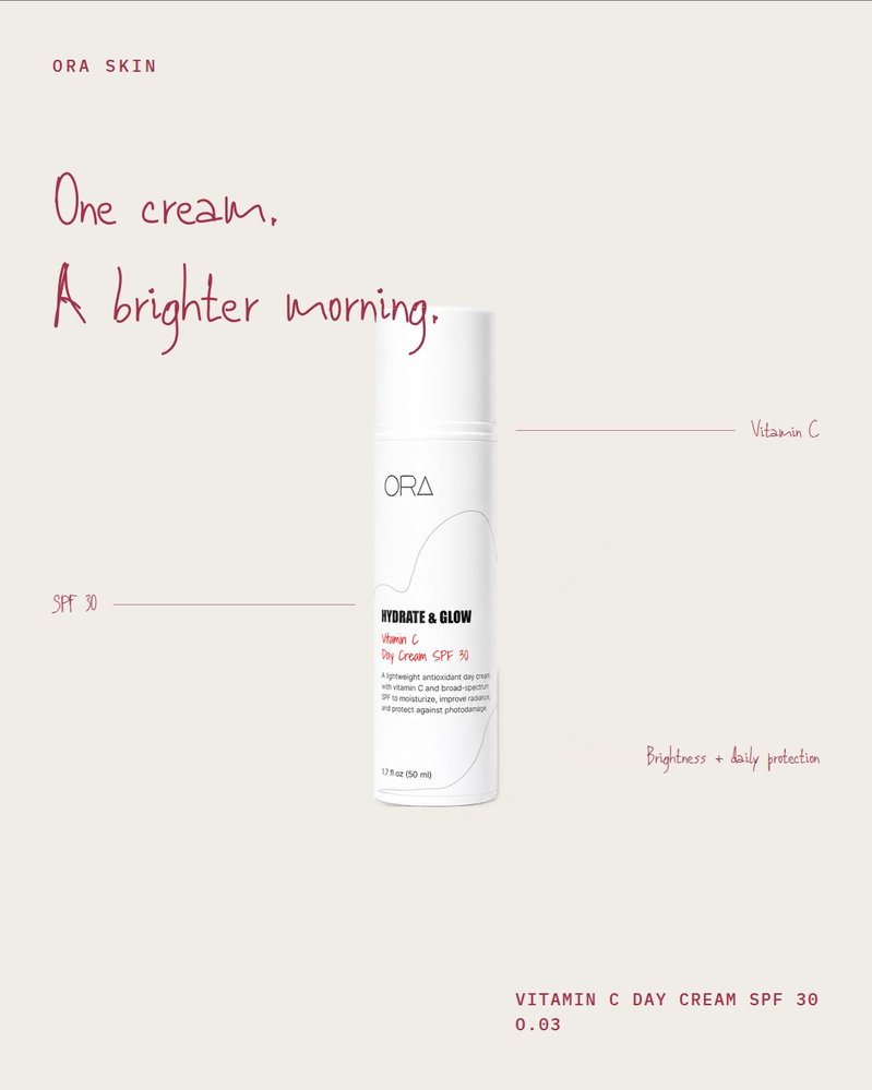 O.03 brings Vitamin C, hydration, and SPF 30 together in one day cream — so brightness and daily protection begin in the same morning step.